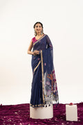 Jyoti Fashion Women's Navy Blue Soft Muga Cotton Zari Woven Saree with Blouse | Grocsy