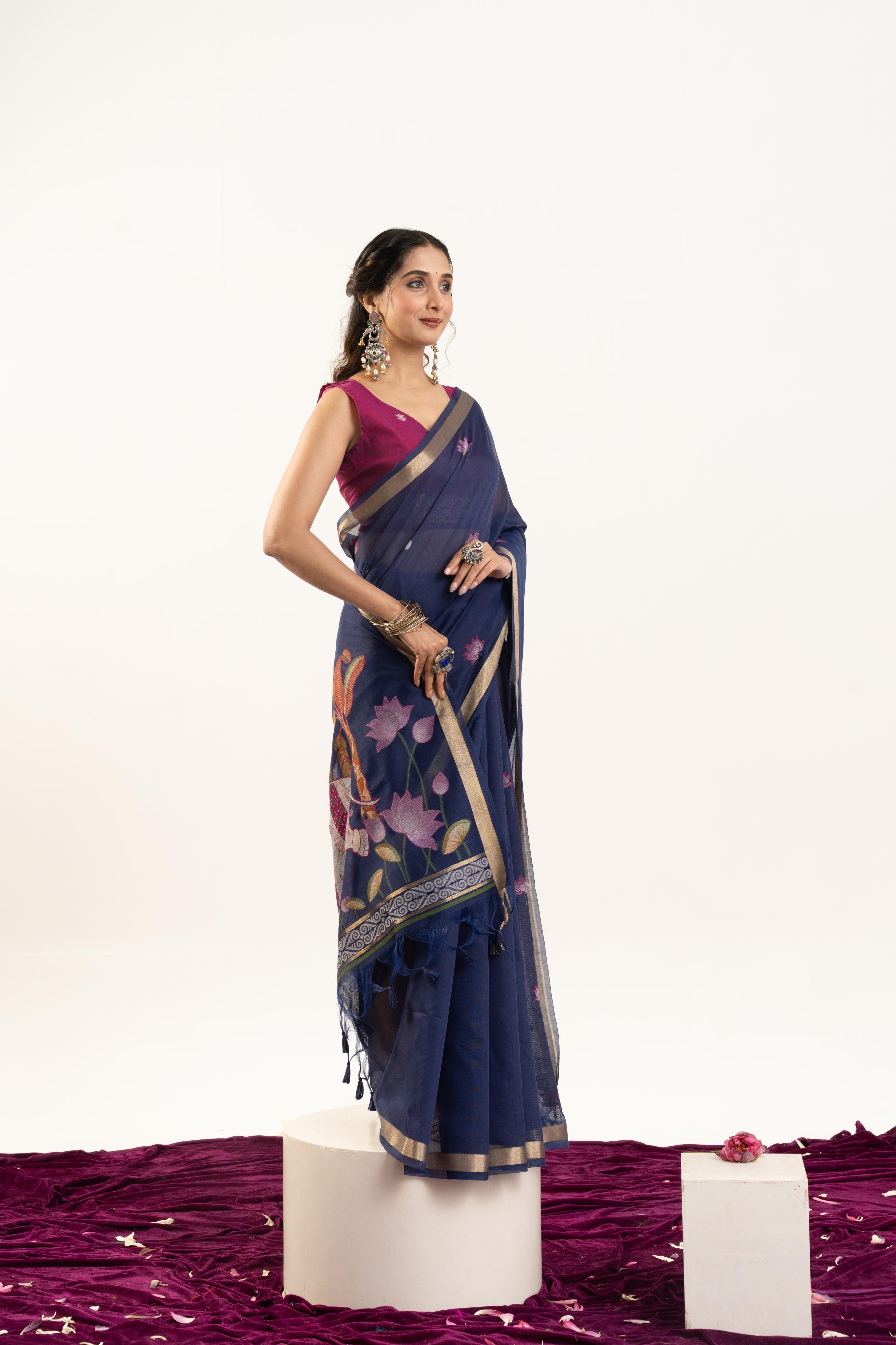 Jyoti Fashion Women's Navy Blue Soft Muga Cotton Zari Woven Saree with Blouse | Grocsy