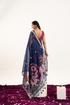 Jyoti Fashion Women's Navy Blue Soft Muga Cotton Zari Woven Saree with Blouse | Grocsy
