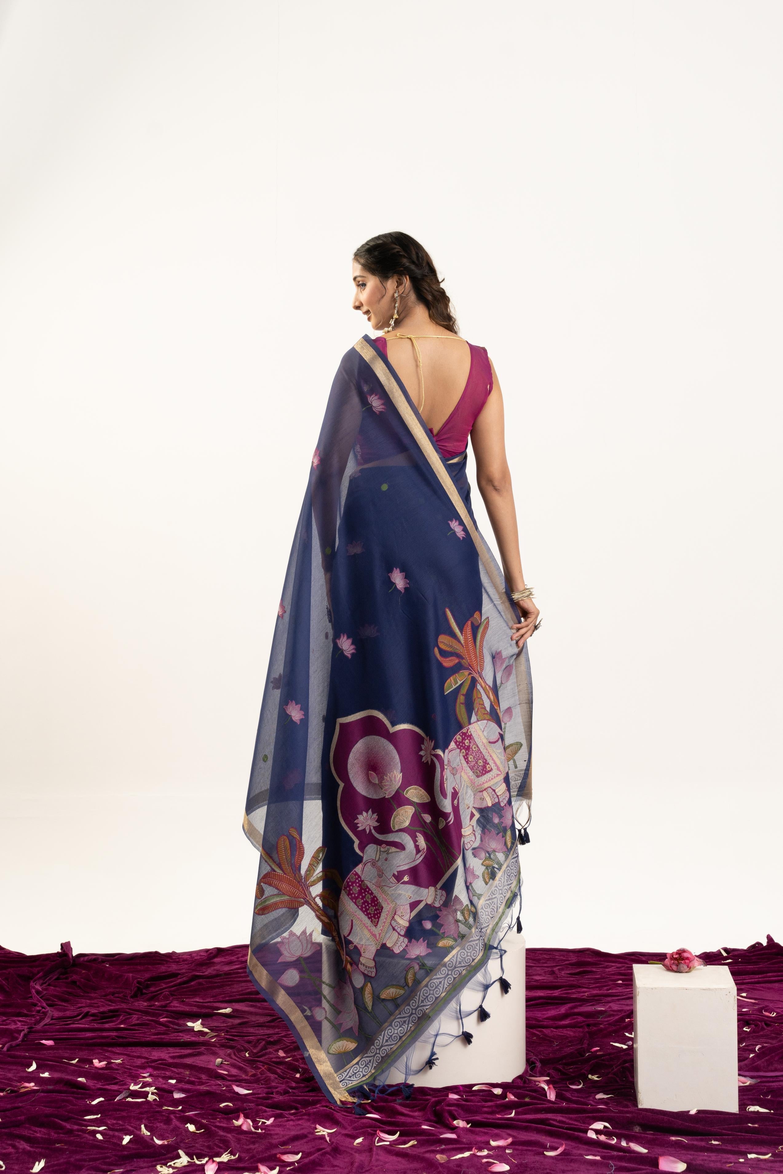 Jyoti Fashion Women's Navy Blue Soft Muga Cotton Zari Woven Saree with Blouse | Grocsy