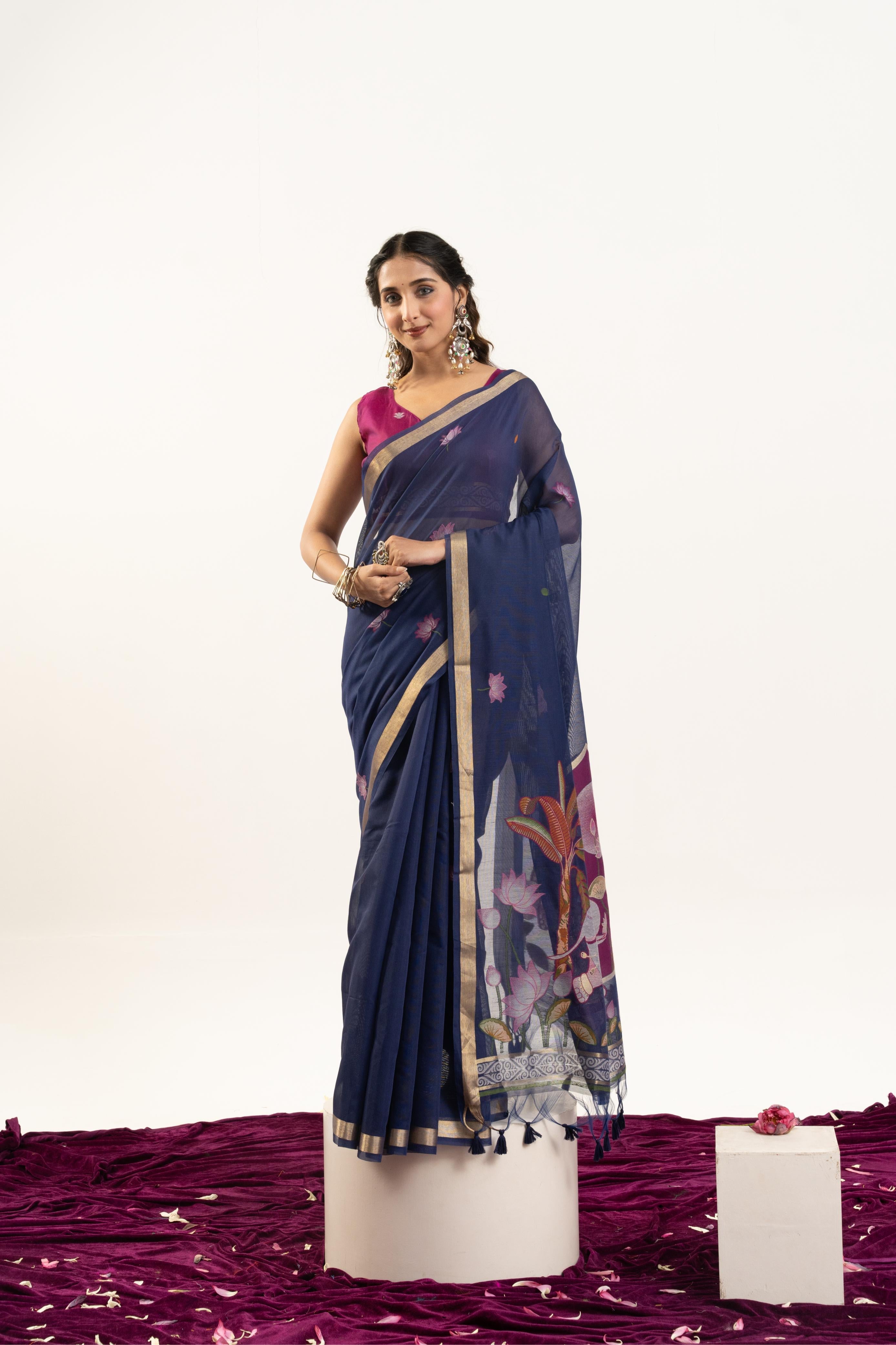 Jyoti Fashion Women's Navy Blue Soft Muga Cotton Zari Woven Saree with Blouse | Grocsy
