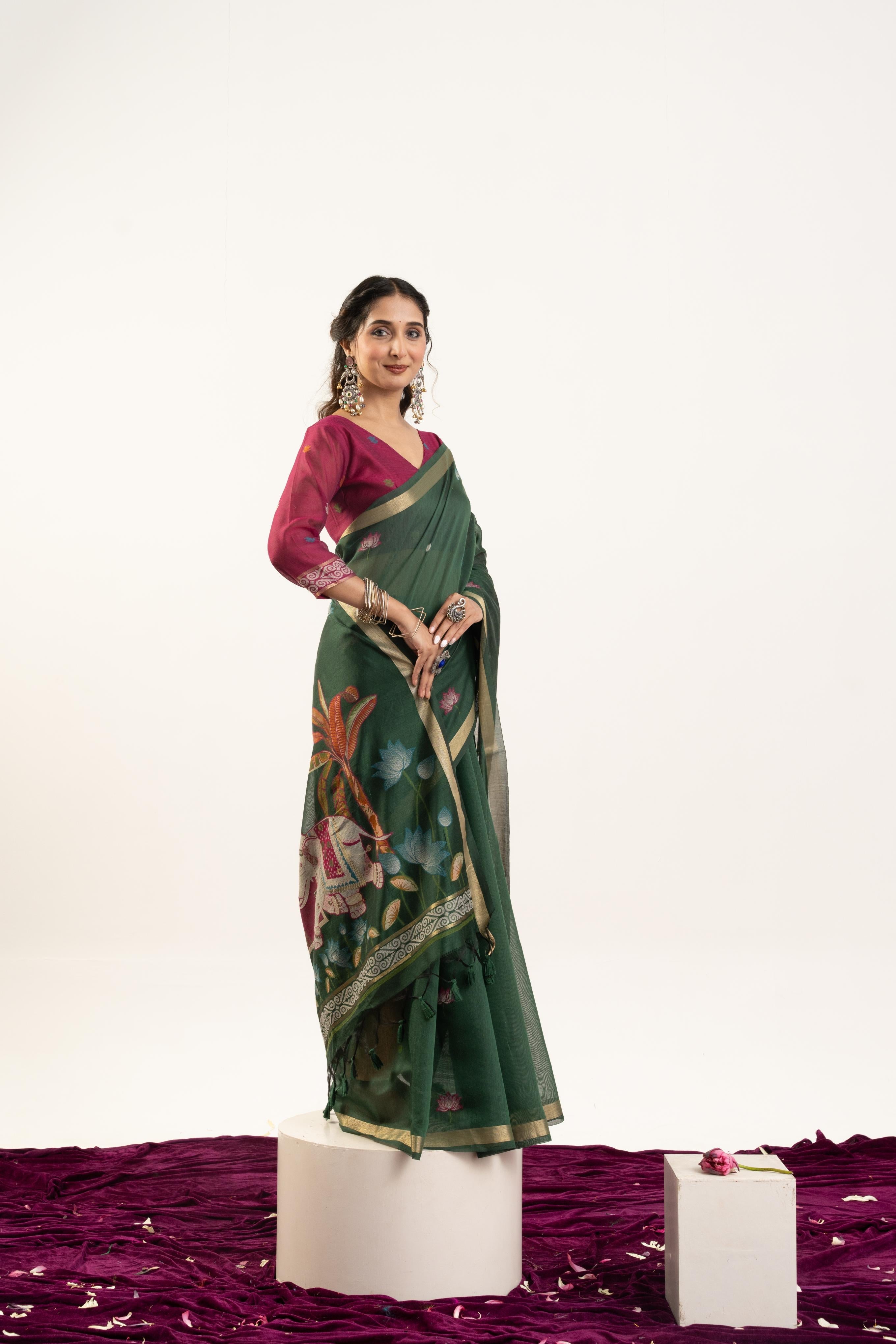 Jyoti Fashion Women's Bottle Green Soft Muga Cotton Zari Woven Saree with Blouse | Grocsy