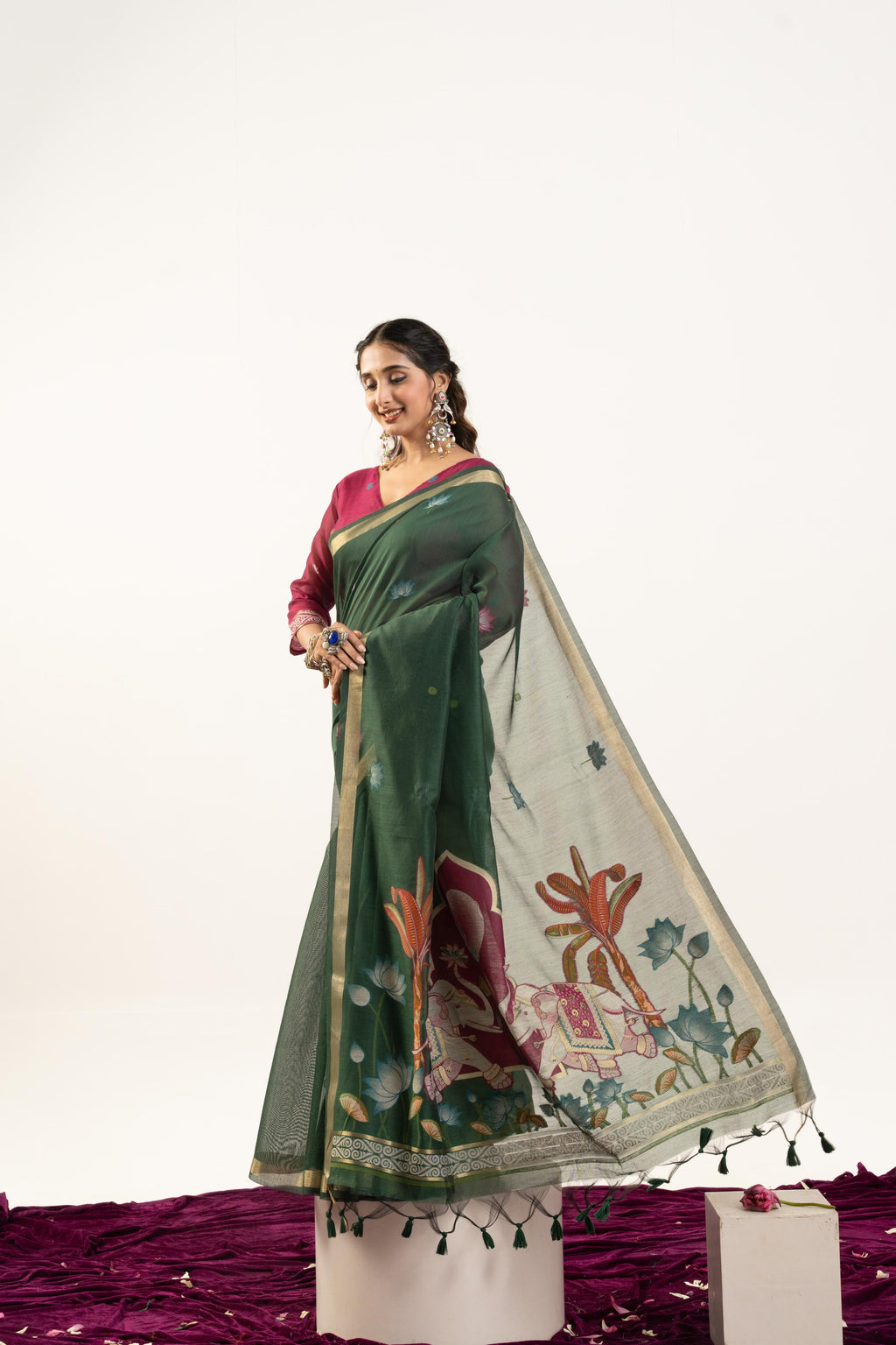 Jyoti Fashion Women's Bottle Green Soft Muga Cotton Zari Woven Saree with Blouse | Grocsy