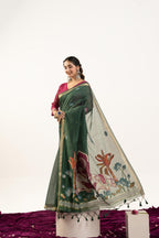 Jyoti Fashion Women's Bottle Green Soft Muga Cotton Zari Woven Saree with Blouse | Grocsy
