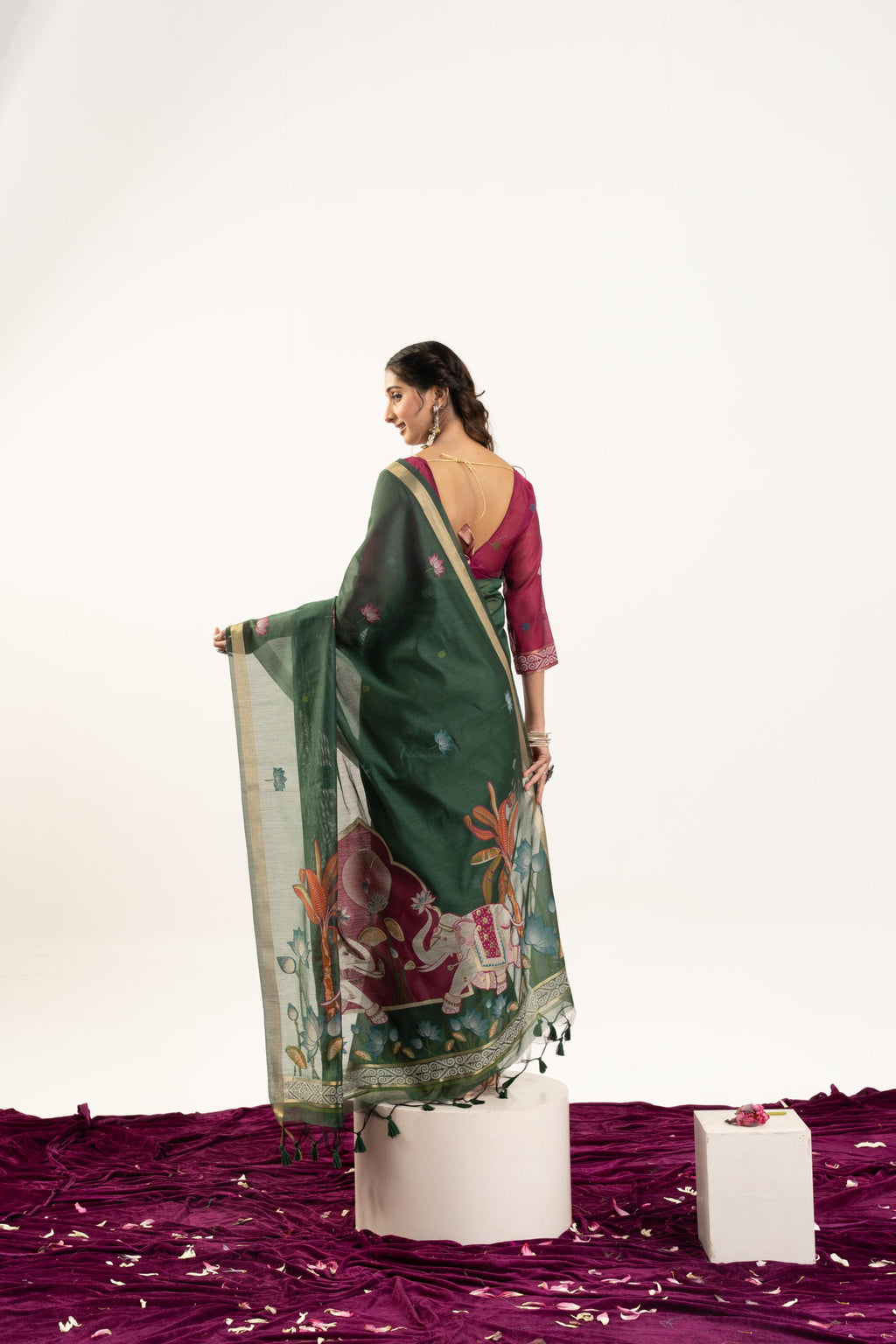 Jyoti Fashion Women's Bottle Green Soft Muga Cotton Zari Woven Saree with Blouse | Grocsy