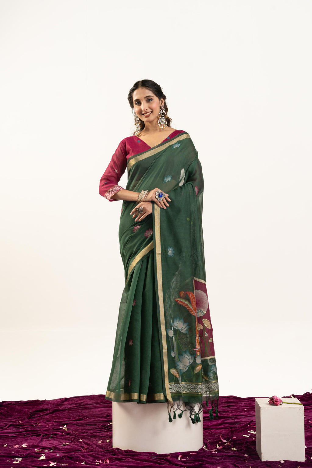 Jyoti Fashion Women's Bottle Green Soft Muga Cotton Zari Woven Saree with Blouse | Grocsy