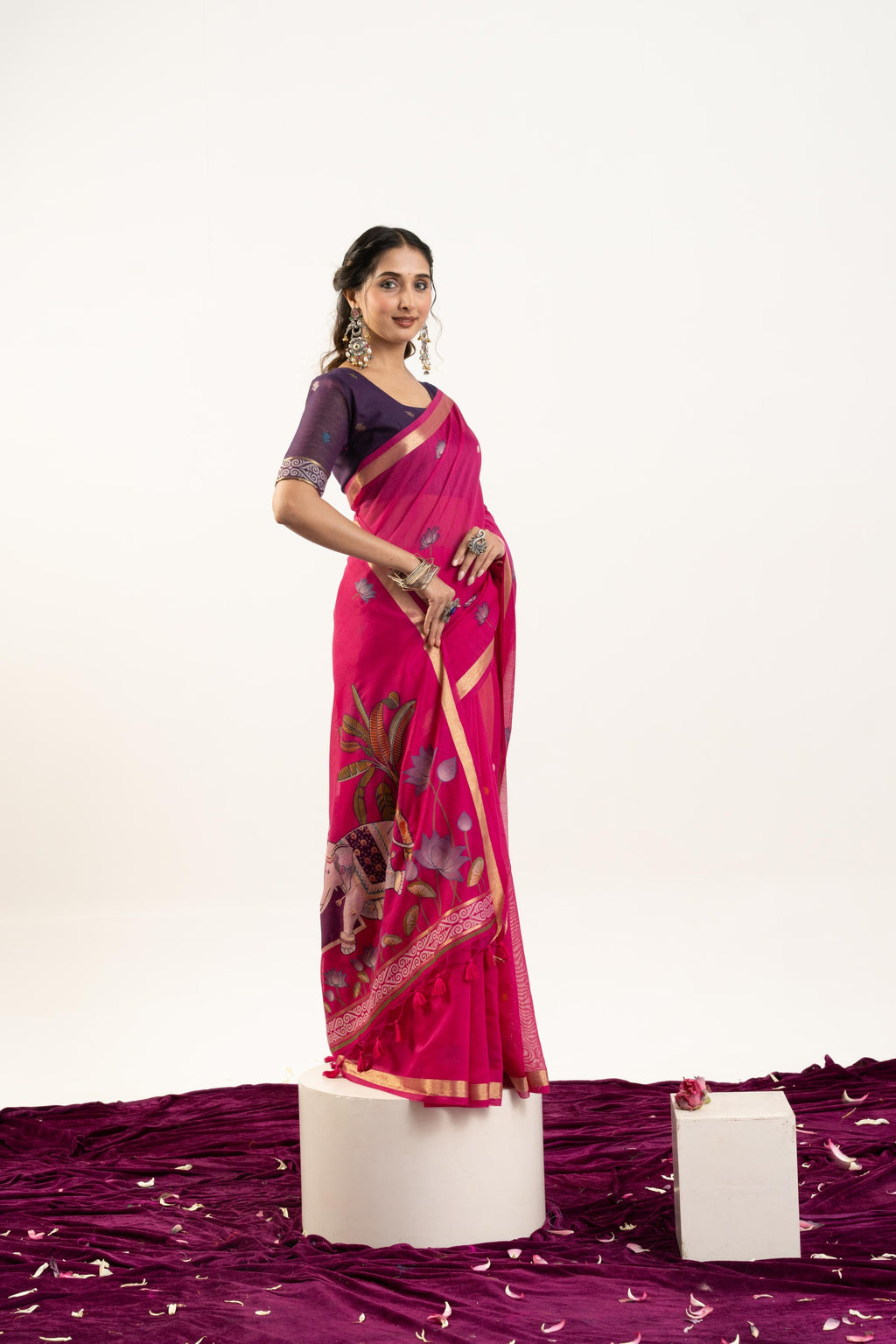 Jyoti Fashion Women's Pink Soft Muga Cotton Zari Woven Saree with Blouse | Grocsy
