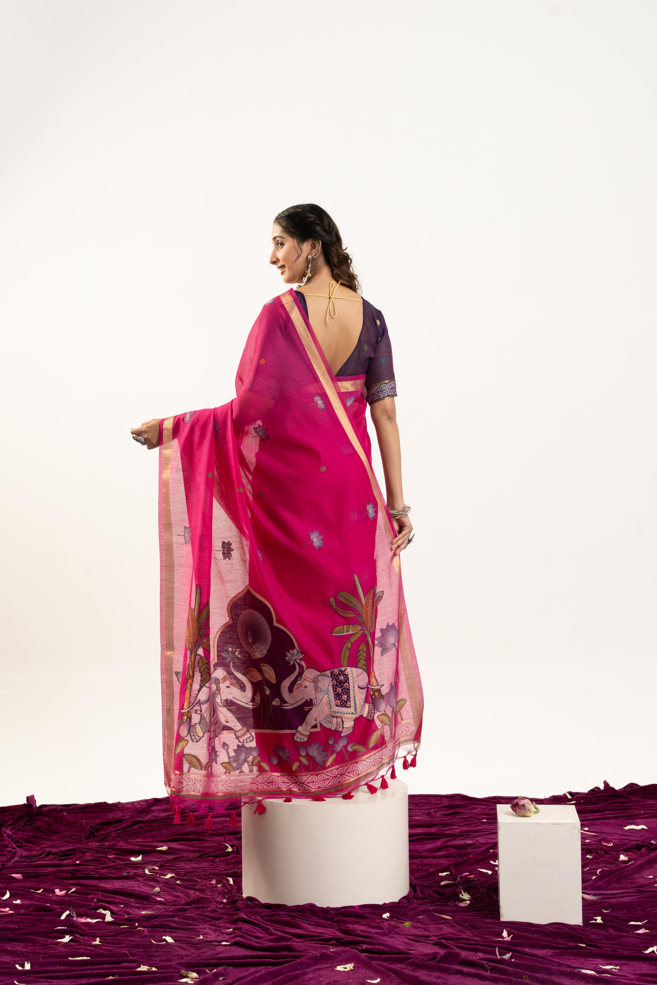 Jyoti Fashion Women's Pink Soft Muga Cotton Zari Woven Saree with Blouse | Grocsy