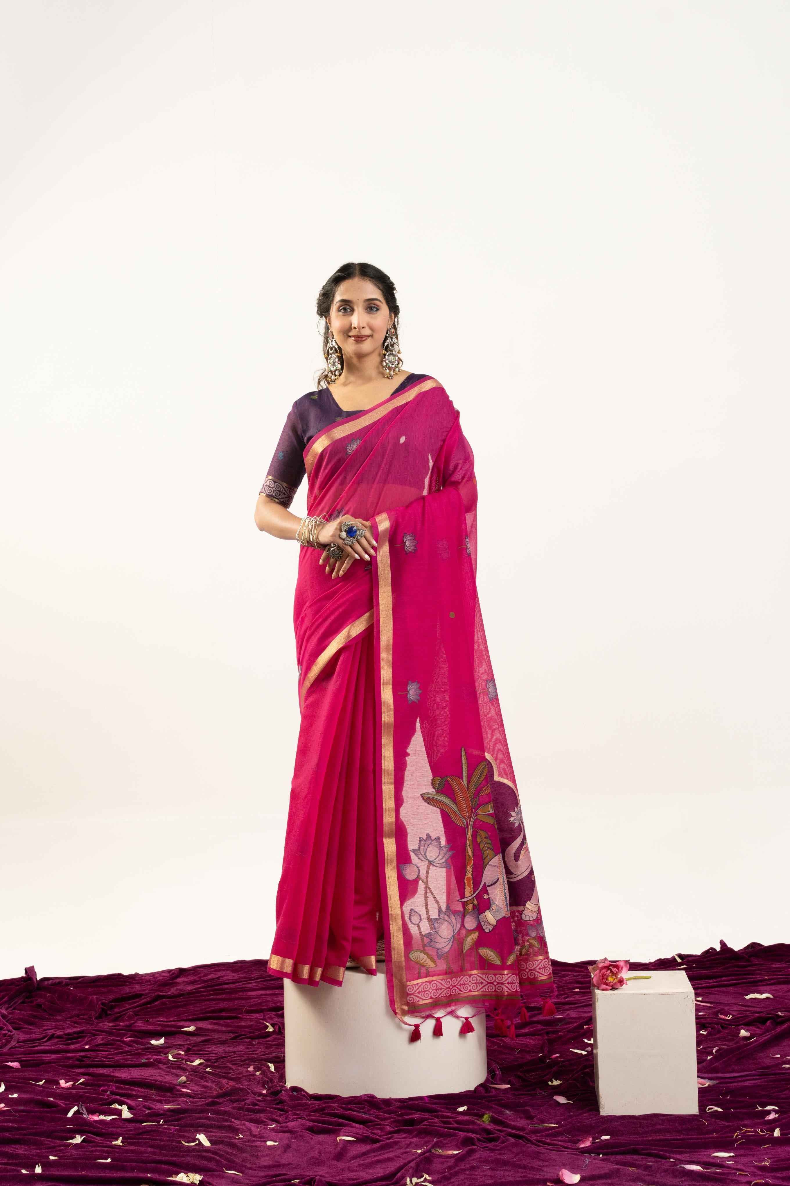 Jyoti Fashion Women's Pink Soft Muga Cotton Zari Woven Saree with Blouse | Grocsy