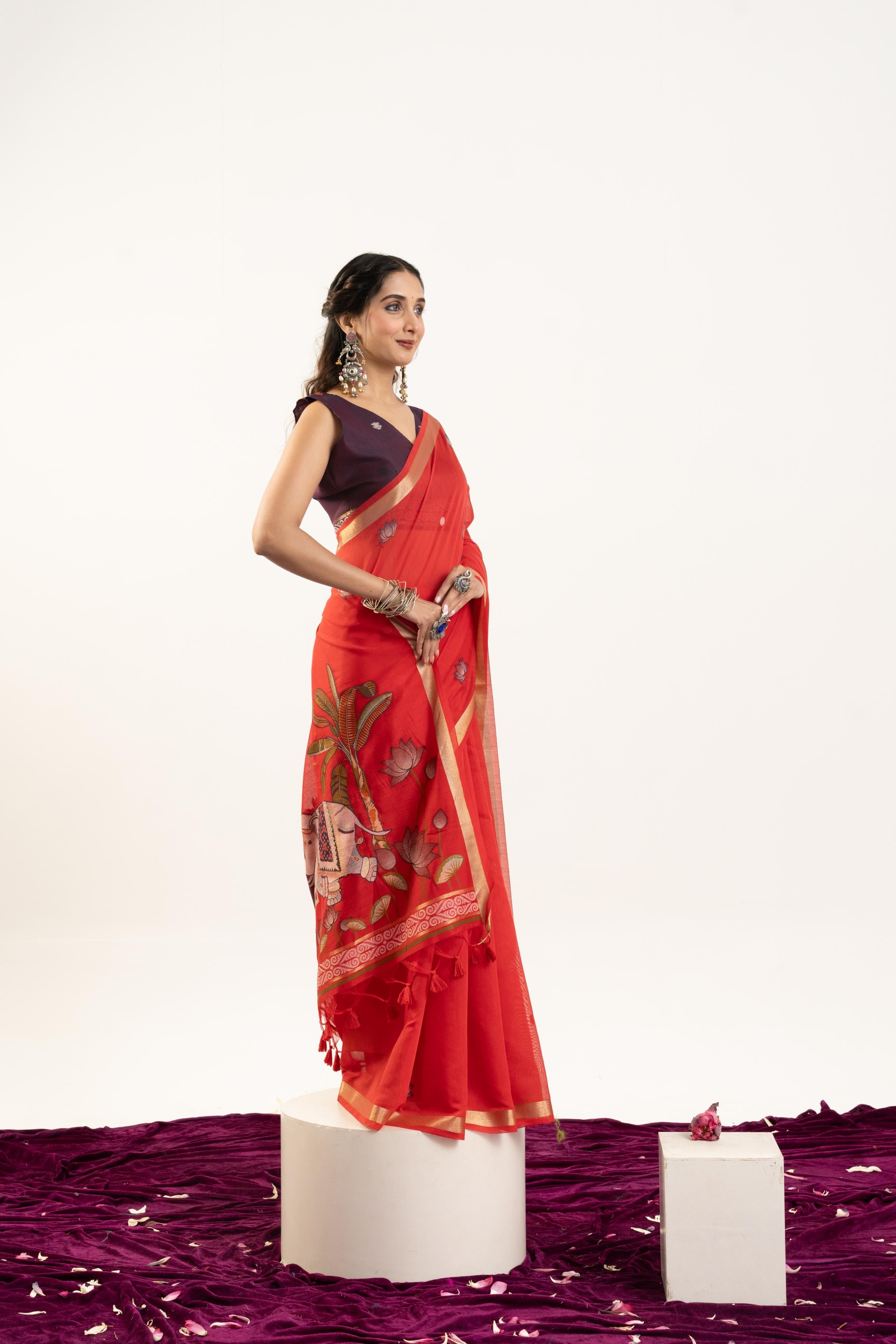 Jyoti Fashion Women's Red Soft Muga Cotton Zari Woven Saree with Blouse | Grocsy