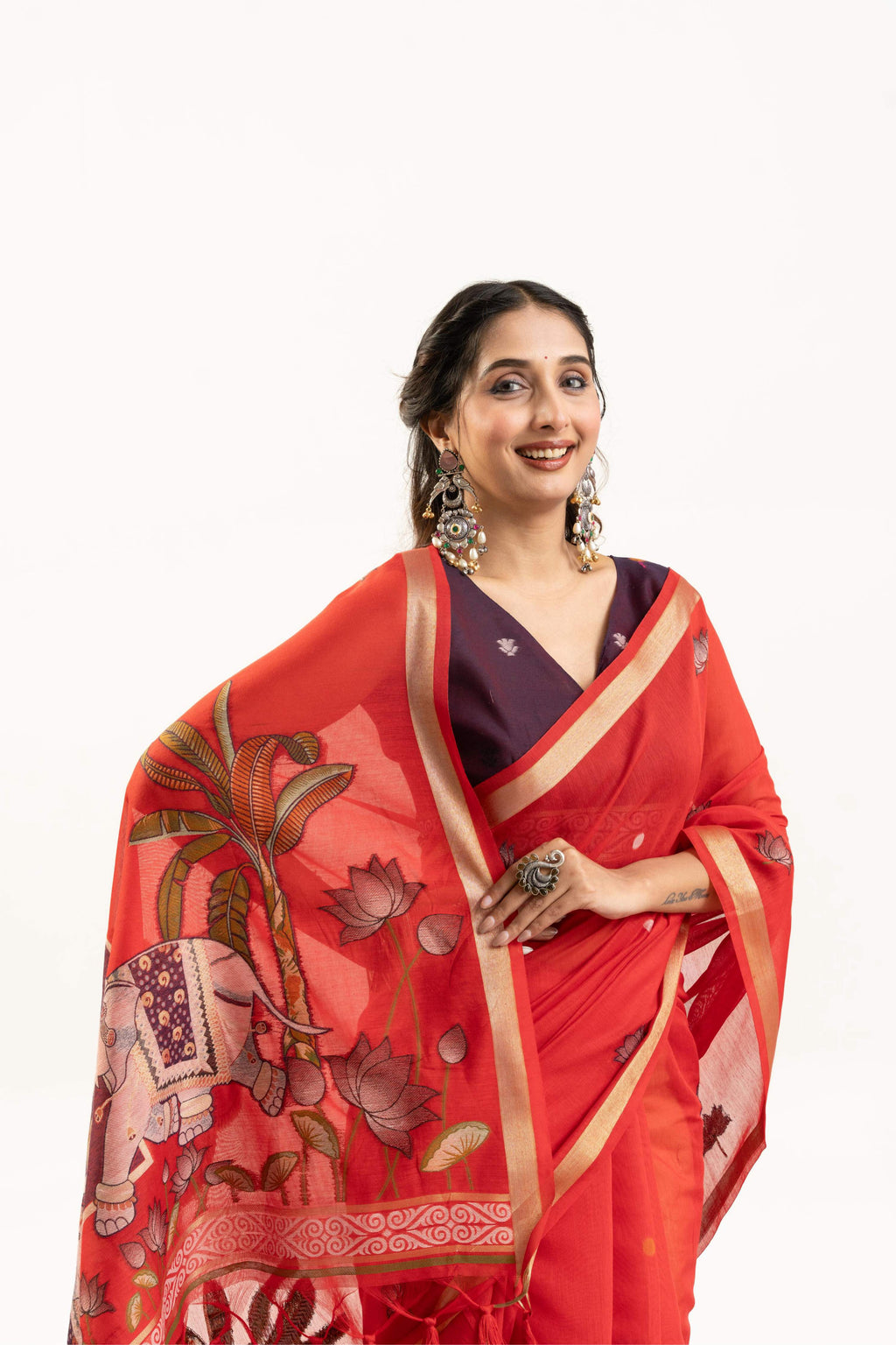 Jyoti Fashion Women's Red Soft Muga Cotton Zari Woven Saree with Blouse | Grocsy