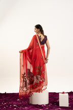 Jyoti Fashion Women's Red Soft Muga Cotton Zari Woven Saree with Blouse | Grocsy