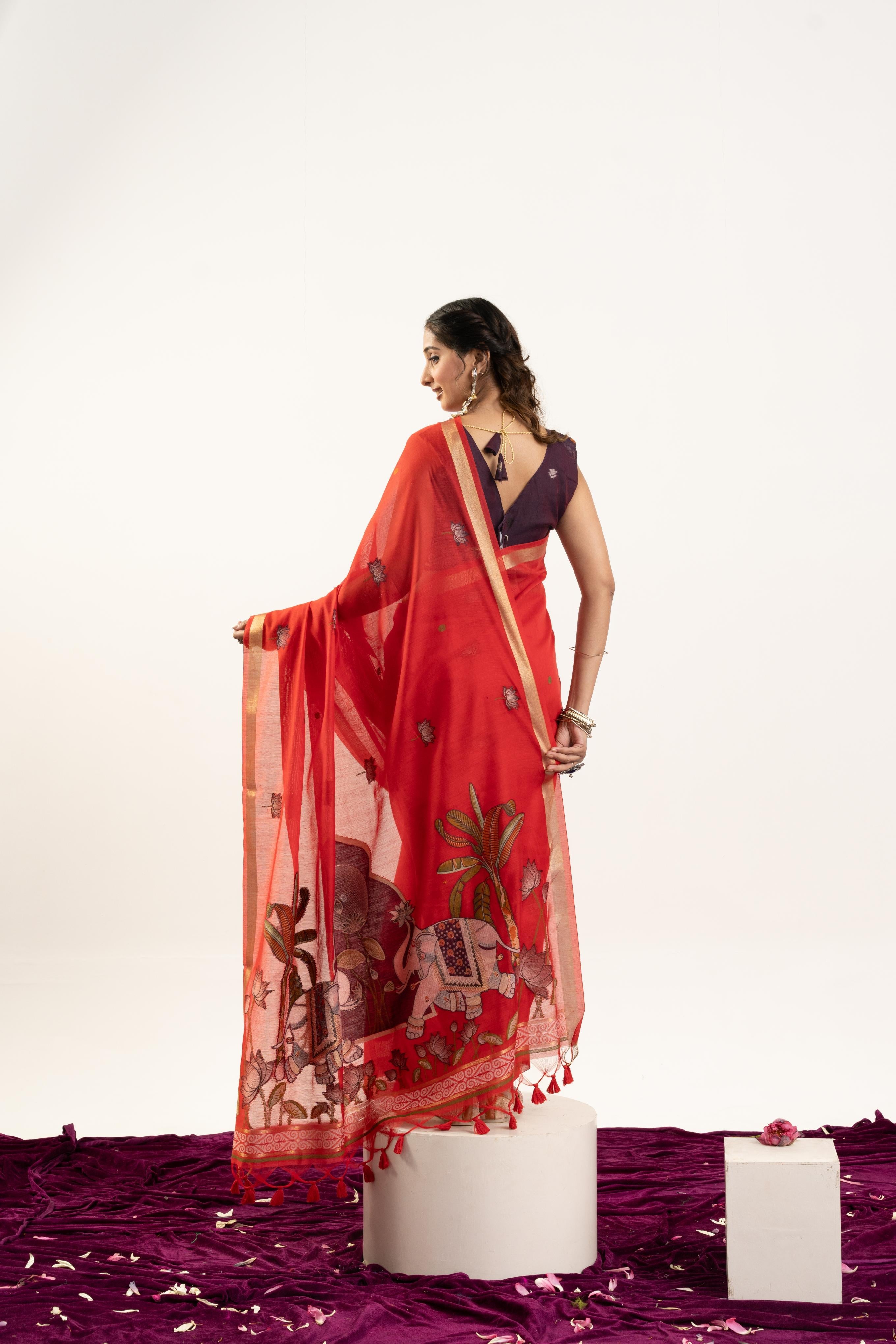 Jyoti Fashion Women's Red Soft Muga Cotton Zari Woven Saree with Blouse | Grocsy