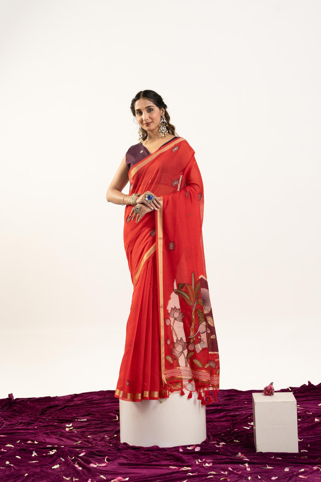 Jyoti Fashion Women's Red Soft Muga Cotton Zari Woven Saree with Blouse | Grocsy