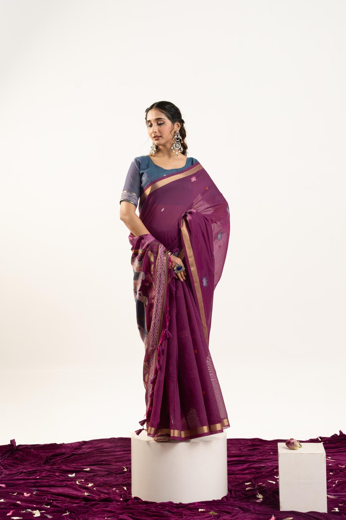 Jyoti Fashion Women's Wine Soft Muga Cotton Zari Woven Saree with Blouse | Grocsy