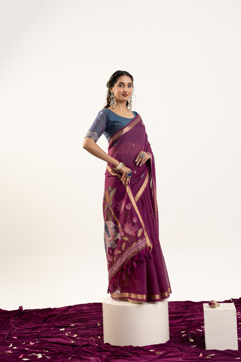 Jyoti Fashion Women's Wine Soft Muga Cotton Zari Woven Saree with Blouse | Grocsy
