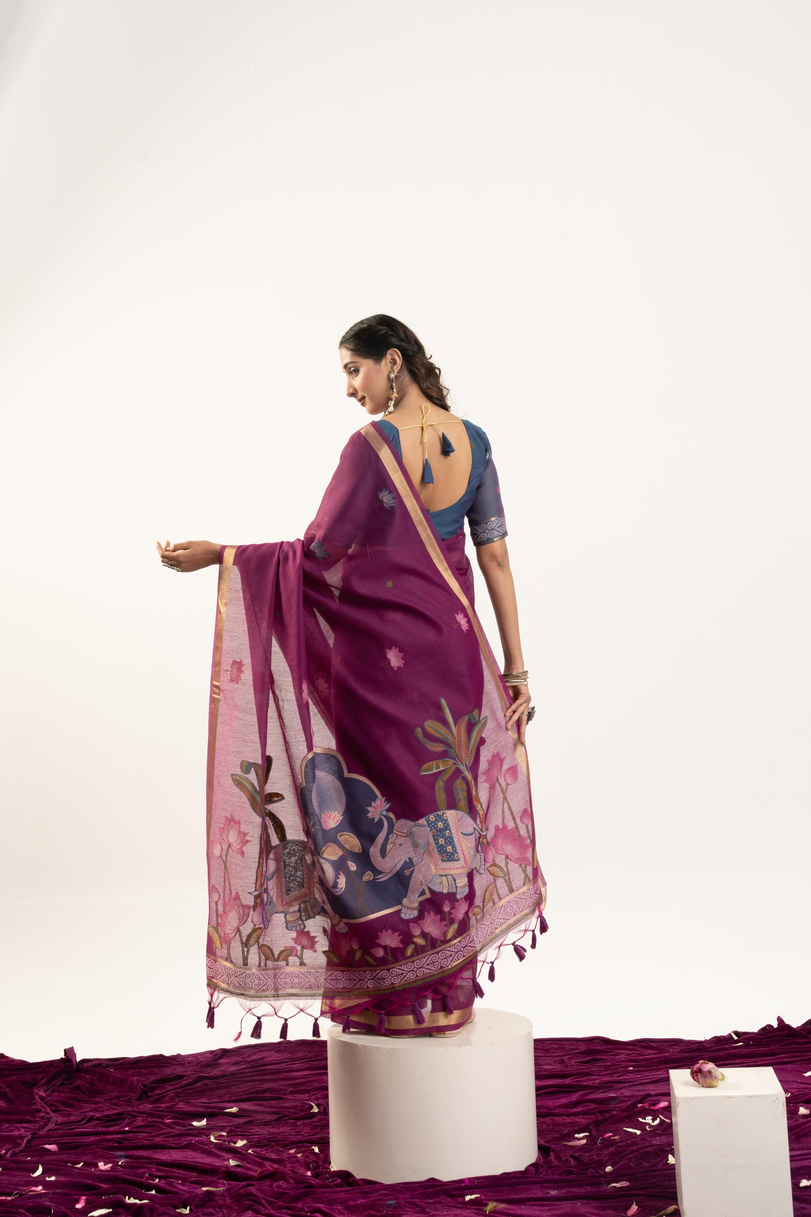 Jyoti Fashion Women's Wine Soft Muga Cotton Zari Woven Saree with Blouse | Grocsy
