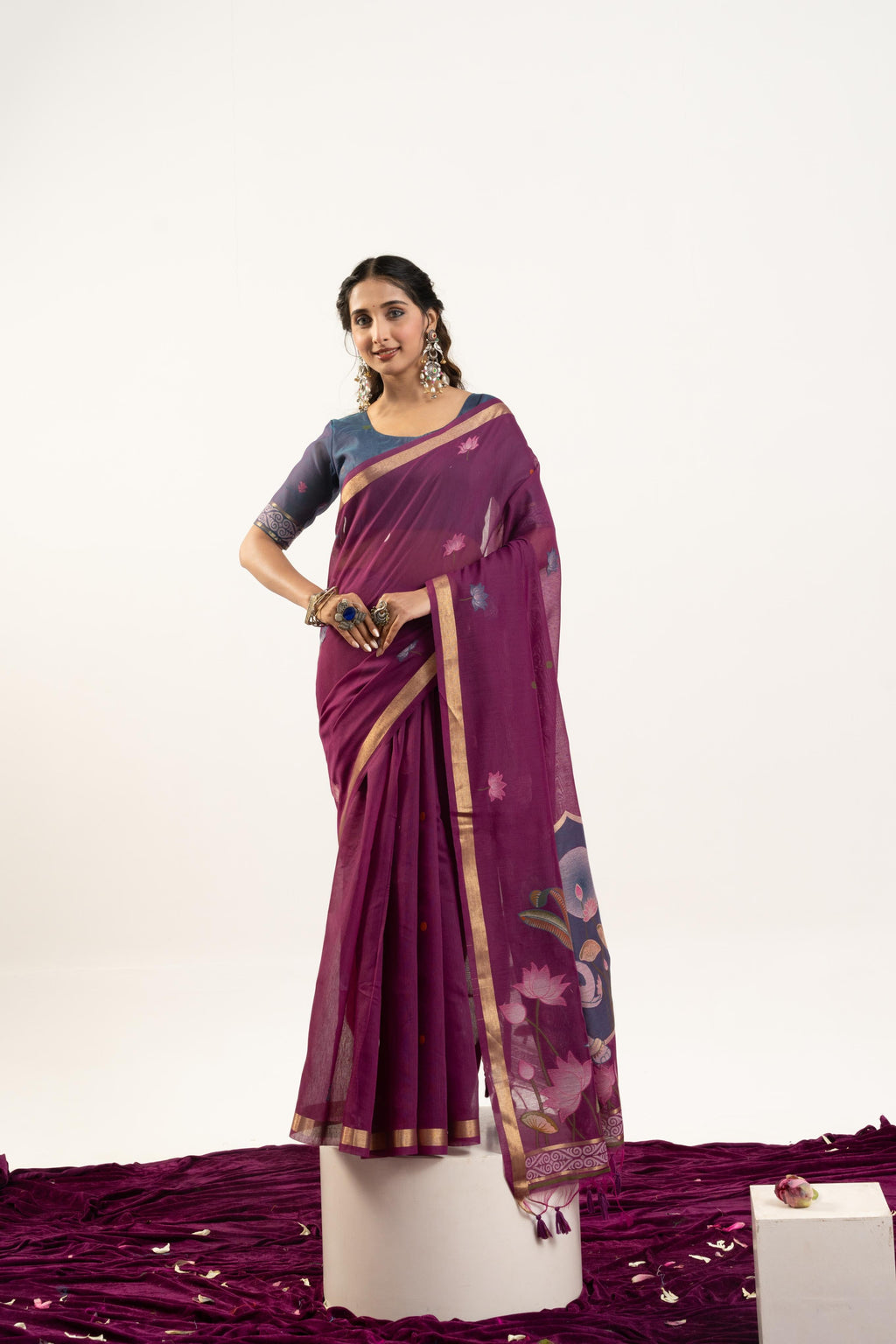 Jyoti Fashion Women's Wine Soft Muga Cotton Zari Woven Saree with Blouse | Grocsy