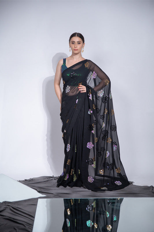 Jyoti Fashion Women's Black Sequence Georgette Saree with Blouse | Grocsy