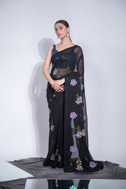 Jyoti Fashion Women's Black Sequence Georgette Saree with Blouse | Grocsy
