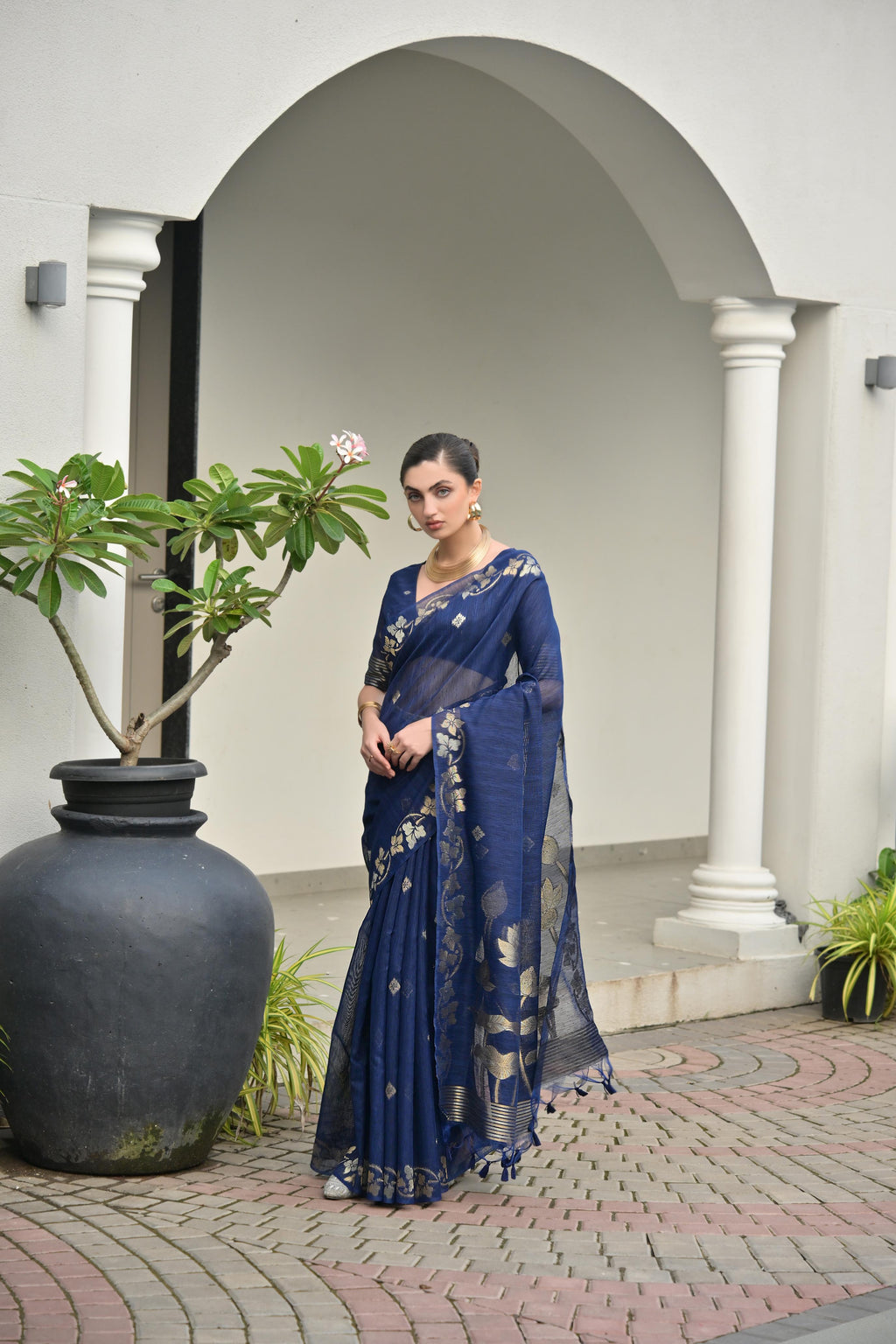Jyoti Fashion Women's Navy Blue Soft Jute Linen Silk Zari Woven Saree with Blouse | Grocsy