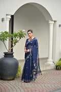 Jyoti Fashion Women's Navy Blue Soft Jute Linen Silk Zari Woven Saree with Blouse | Grocsy