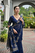 Jyoti Fashion Women's Navy Blue Soft Jute Linen Silk Zari Woven Saree with Blouse | Grocsy