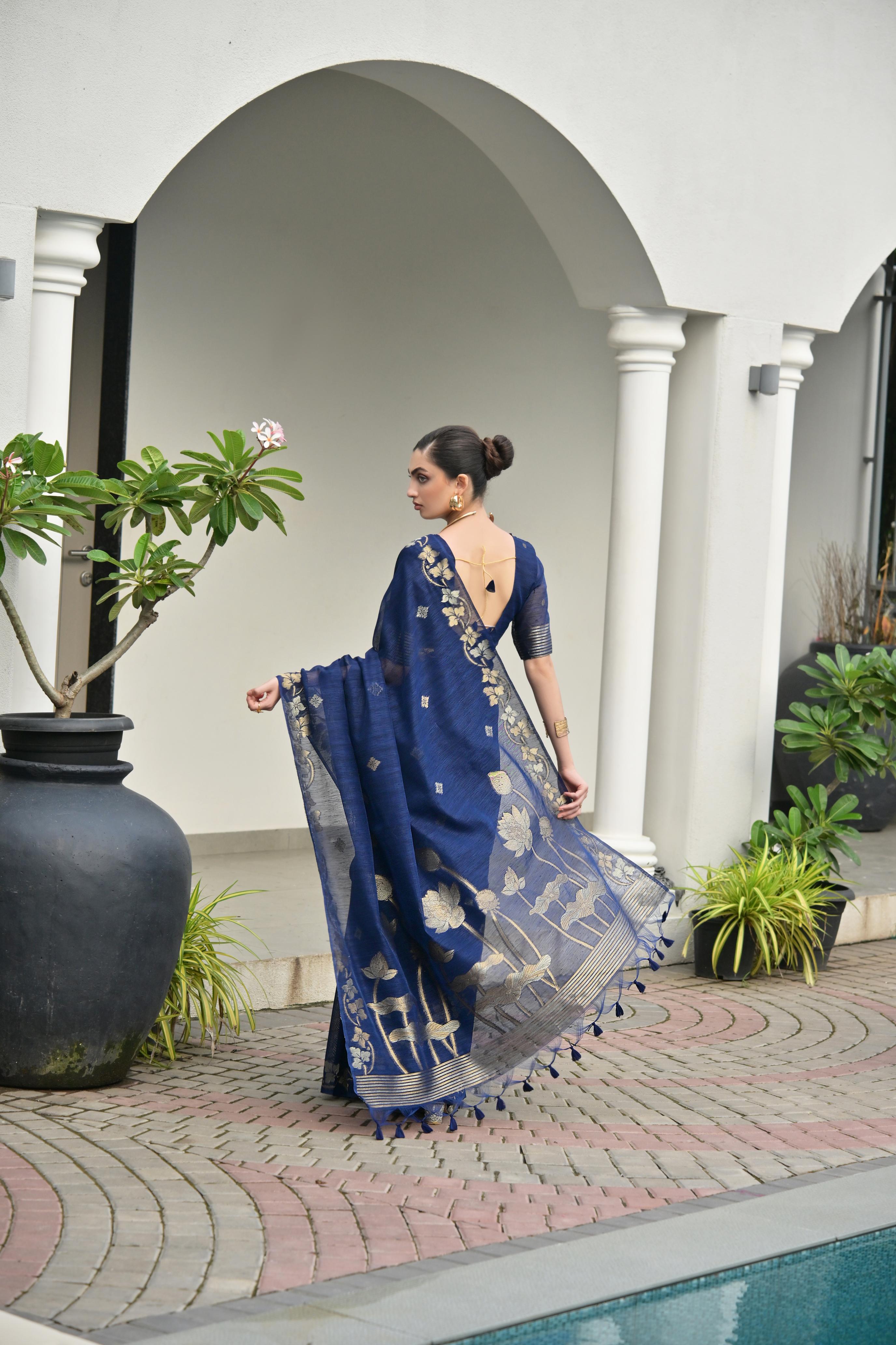 Jyoti Fashion Women's Navy Blue Soft Jute Linen Silk Zari Woven Saree with Blouse | Grocsy