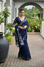 Jyoti Fashion Women's Navy Blue Soft Jute Linen Silk Zari Woven Saree with Blouse | Grocsy