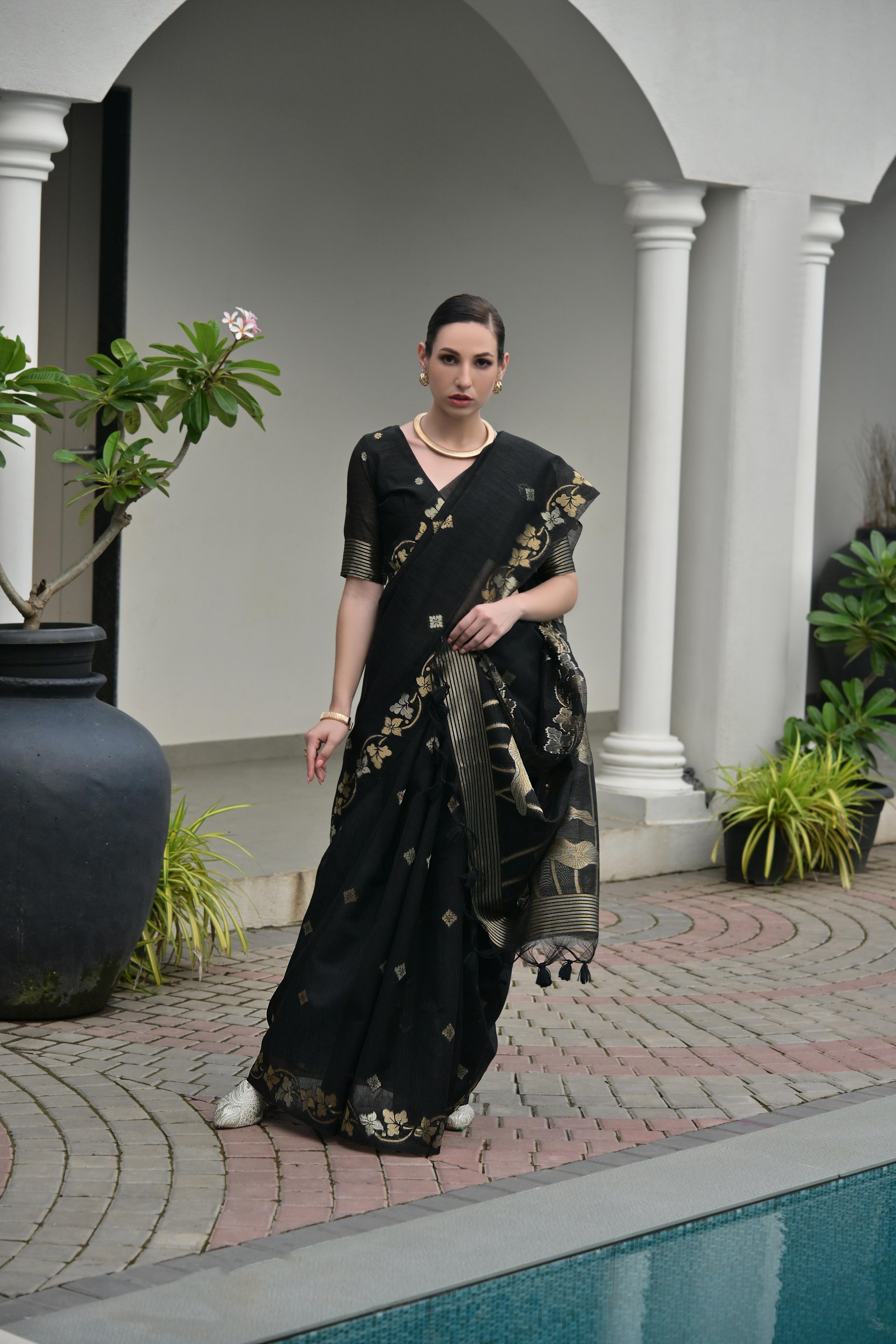 Jyoti Fashion Women's Black Soft Jute Linen Silk Zari Woven Saree with Blouse | Grocsy