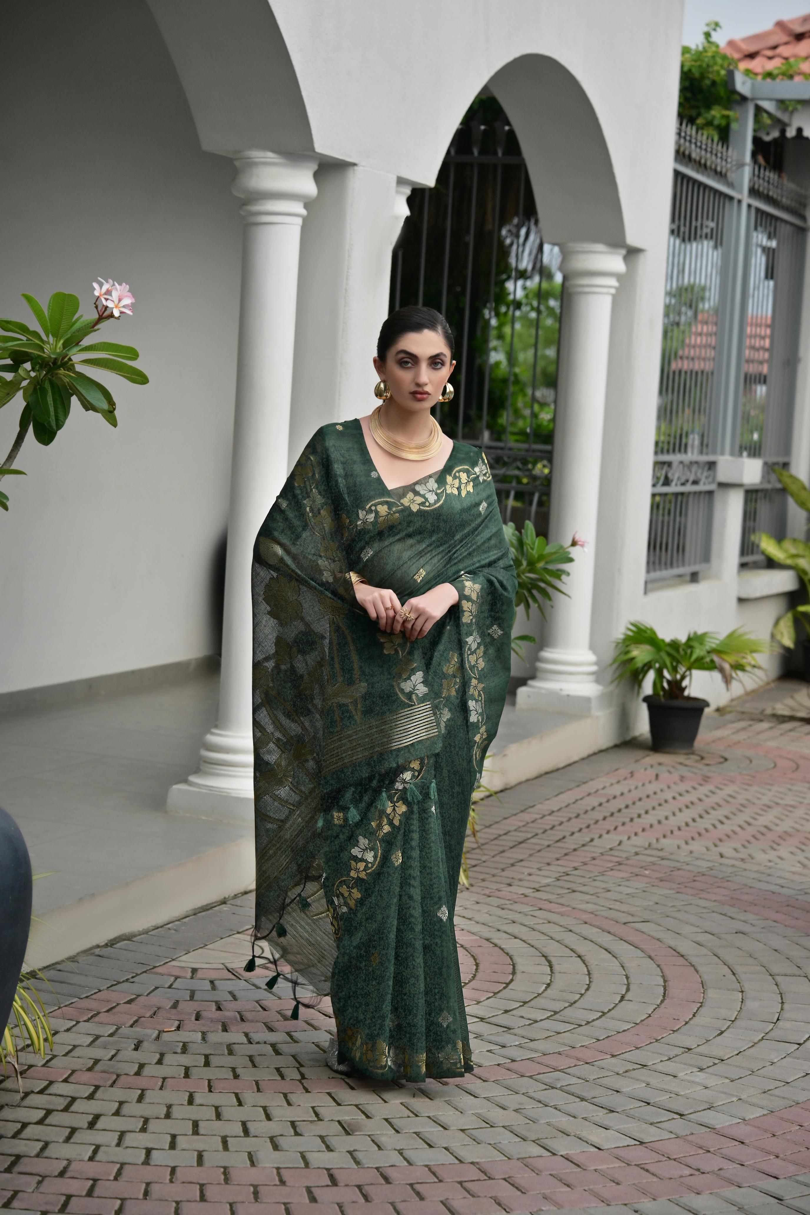 Jyoti Fashion Women's Bottle Green Soft Jute Linen Silk Zari Woven Saree with Blouse | Grocsy