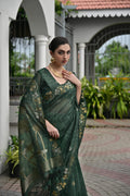 Jyoti Fashion Women's Bottle Green Soft Jute Linen Silk Zari Woven Saree with Blouse | Grocsy