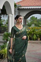 Jyoti Fashion Women's Bottle Green Soft Jute Linen Silk Zari Woven Saree with Blouse | Grocsy