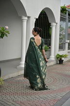 Jyoti Fashion Women's Bottle Green Soft Jute Linen Silk Zari Woven Saree with Blouse | Grocsy