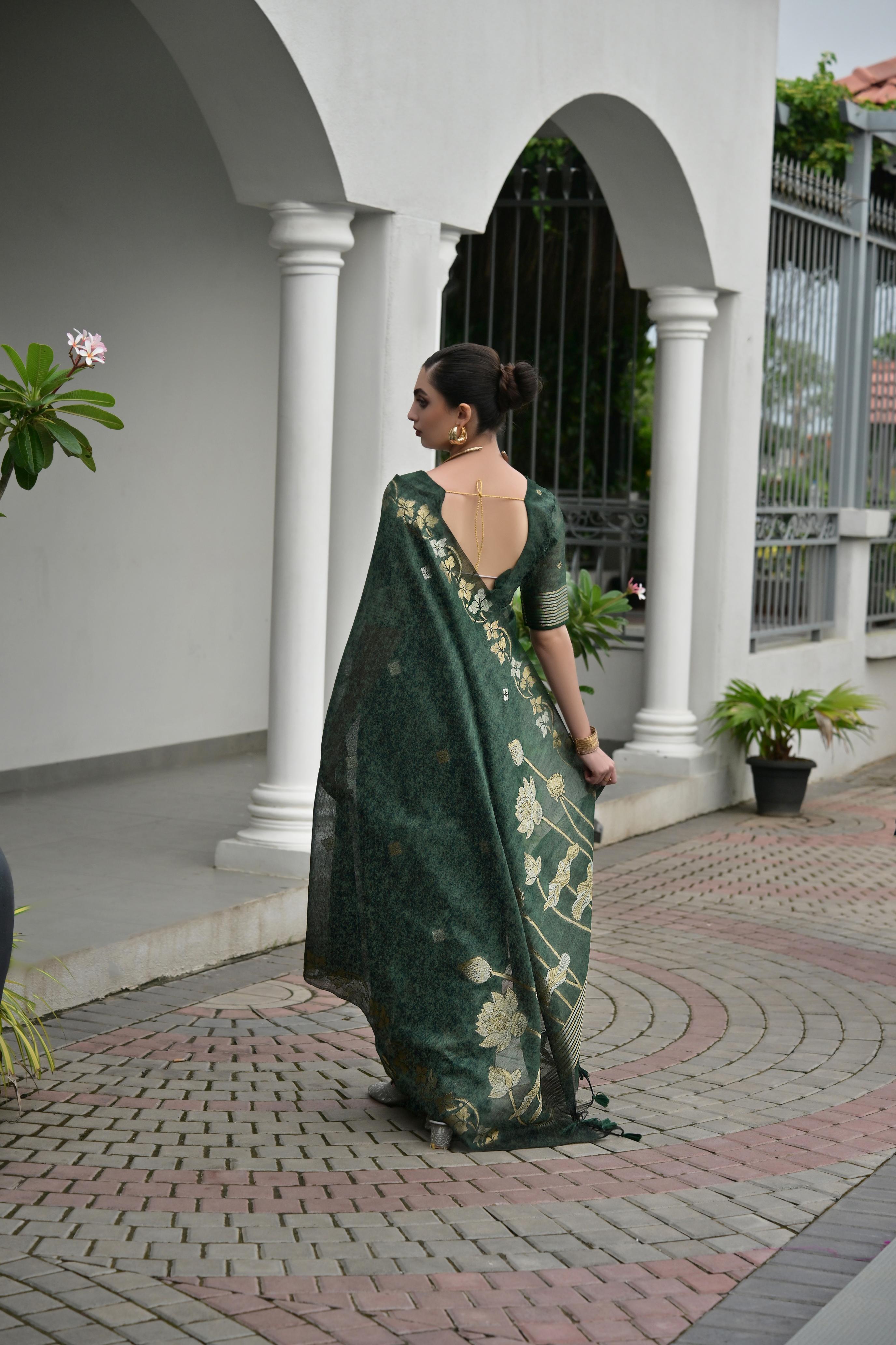 Jyoti Fashion Women's Bottle Green Soft Jute Linen Silk Zari Woven Saree with Blouse | Grocsy
