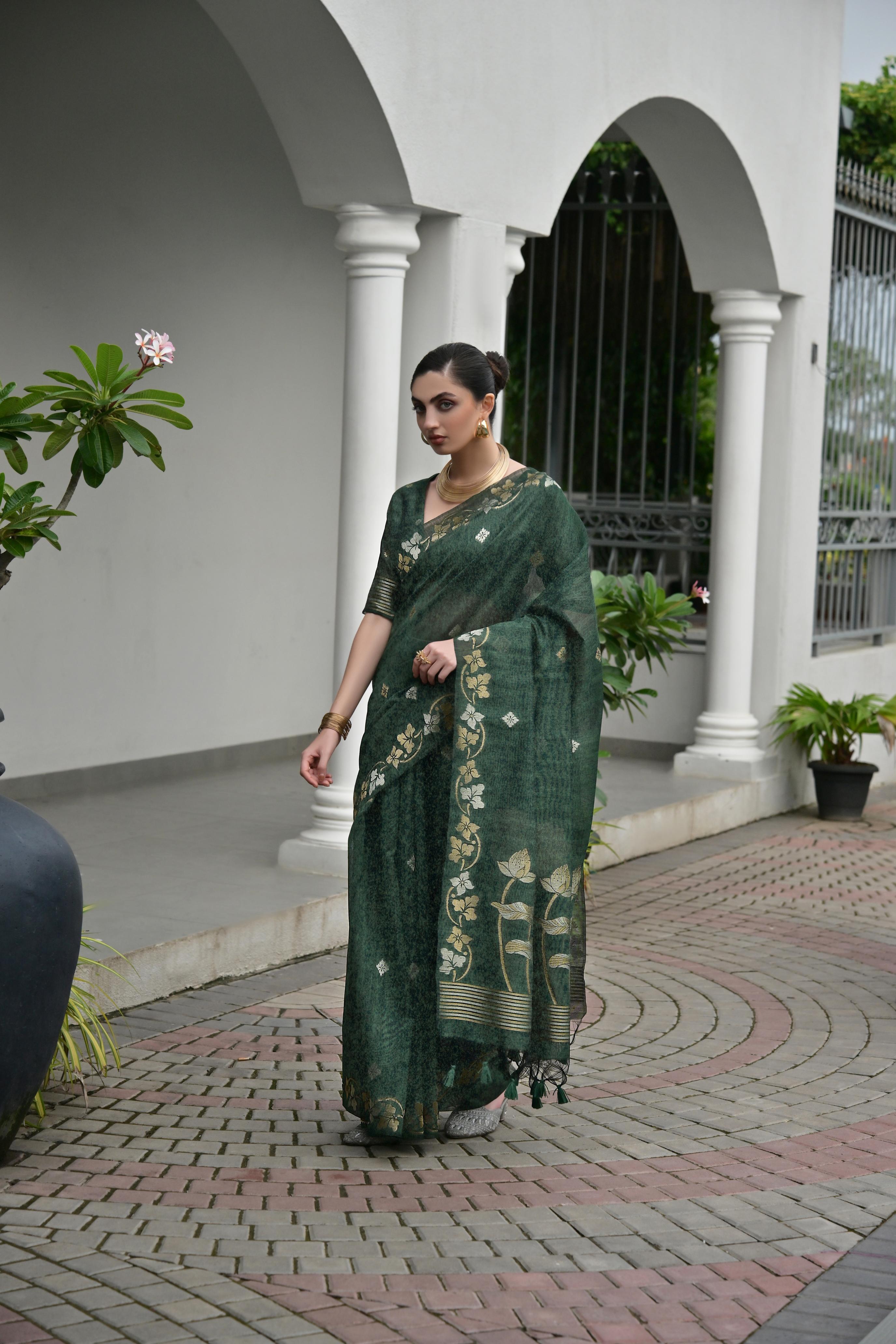 Jyoti Fashion Women's Bottle Green Soft Jute Linen Silk Zari Woven Saree with Blouse | Grocsy