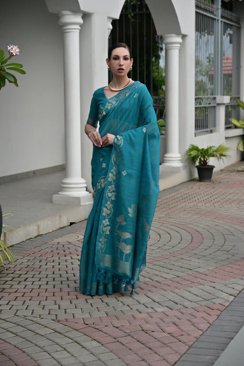 Jyoti Fashion Women's Firozi Soft Jute Linen Silk Zari Woven Saree with Blouse | Grocsy