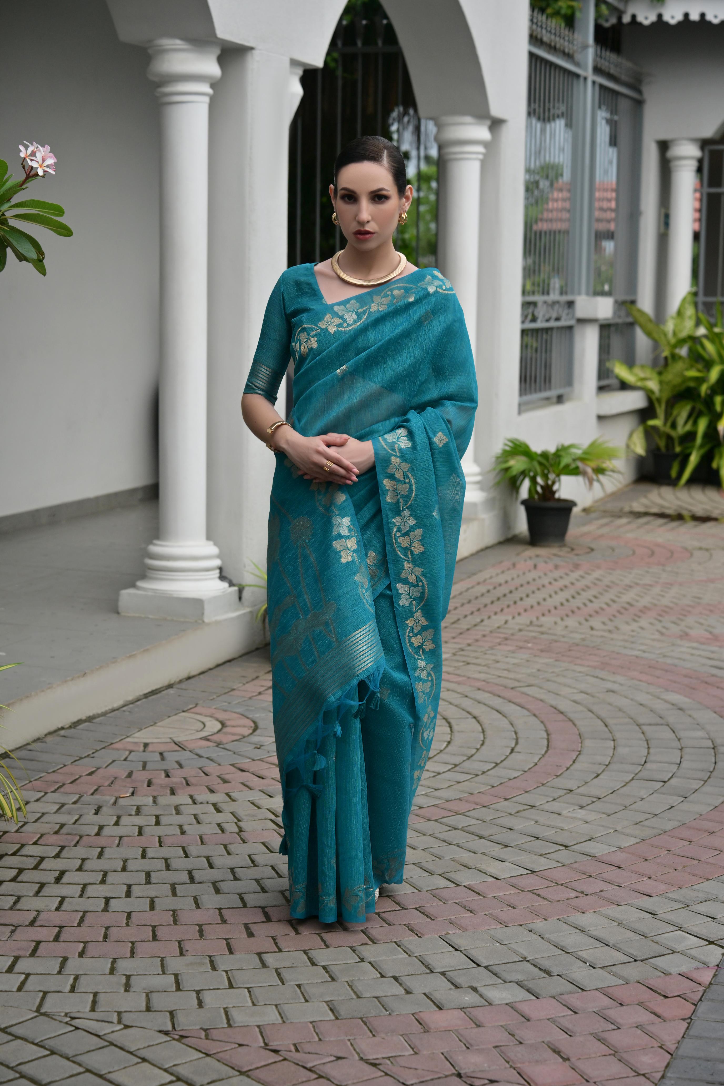 Jyoti Fashion Women's Firozi Soft Jute Linen Silk Zari Woven Saree with Blouse | Grocsy