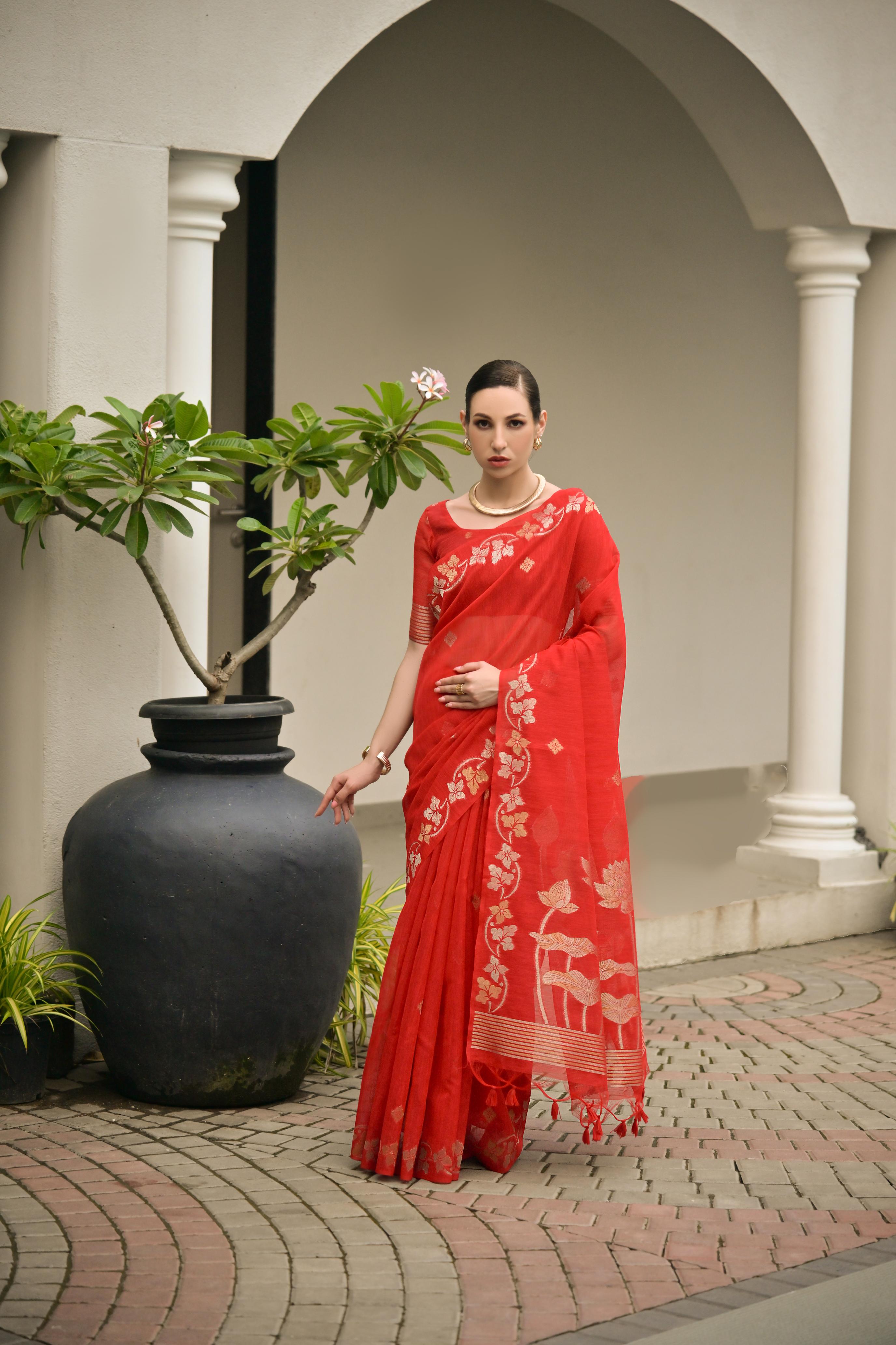 Jyoti Fashion Women's Red Soft Jute Linen Silk Zari Woven Saree with Blouse | Grocsy