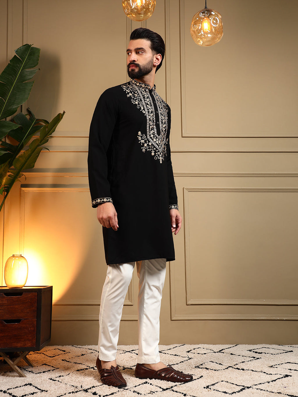 Jyoti Fashion Men's Black Armani Lachka Sequins Embroidered Kurta with Pajama | Grocsy
