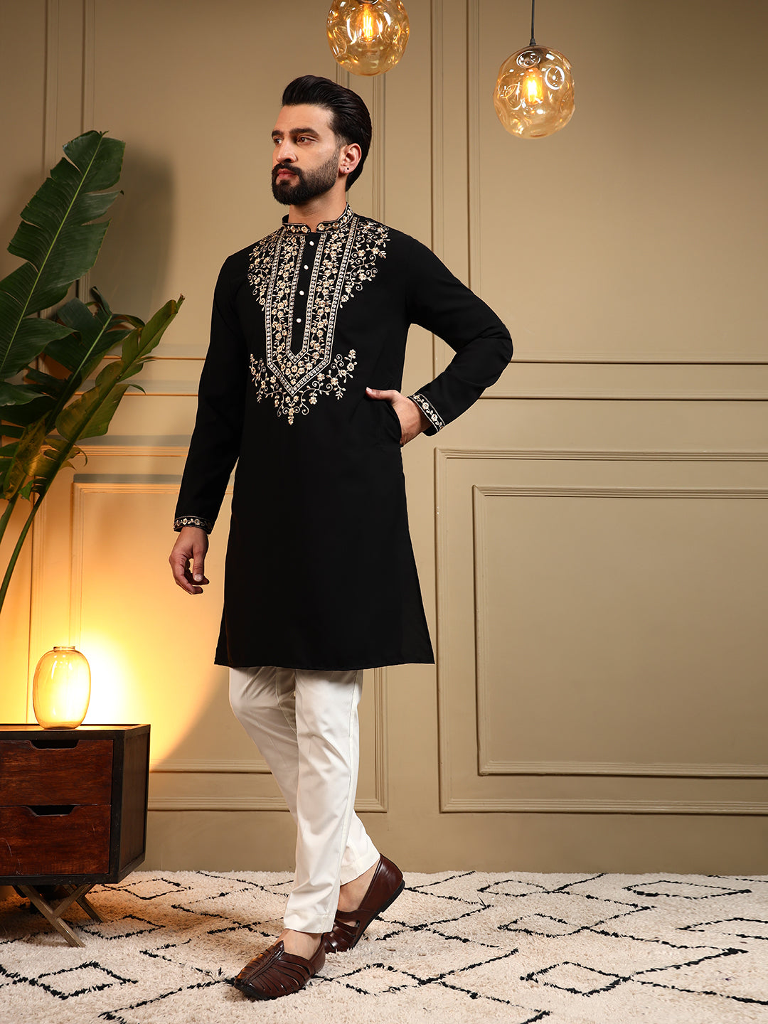 Jyoti Fashion Men's Black Armani Lachka Sequins Embroidered Kurta with Pajama | Grocsy