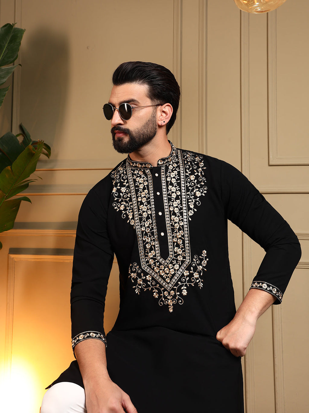 Jyoti Fashion Men's Black Armani Lachka Sequins Embroidered Kurta with Pajama | Grocsy