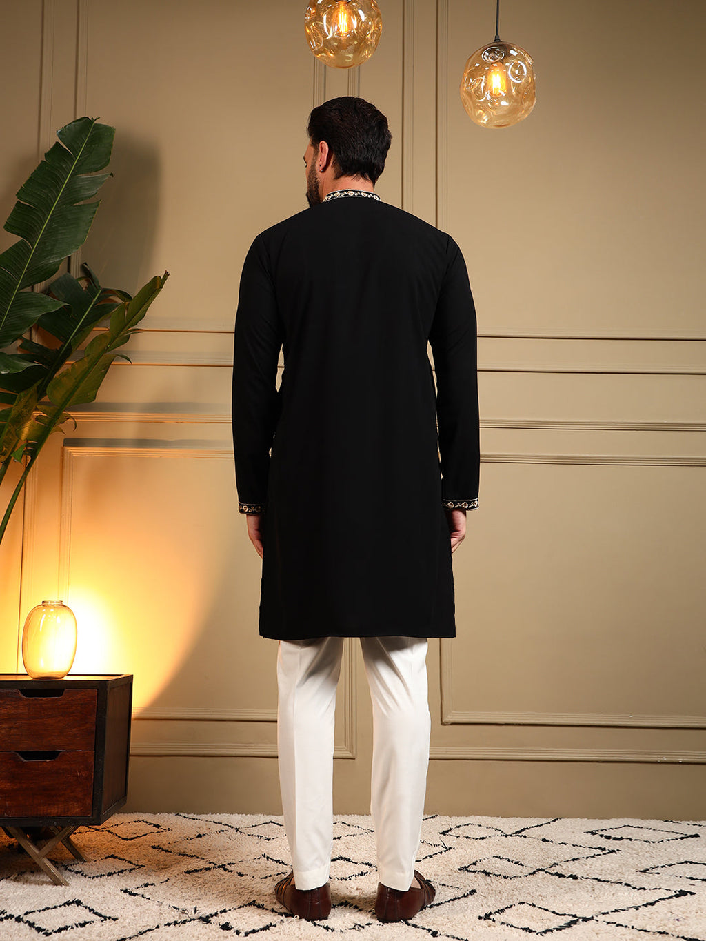 Jyoti Fashion Men's Black Armani Lachka Sequins Embroidered Kurta with Pajama | Grocsy