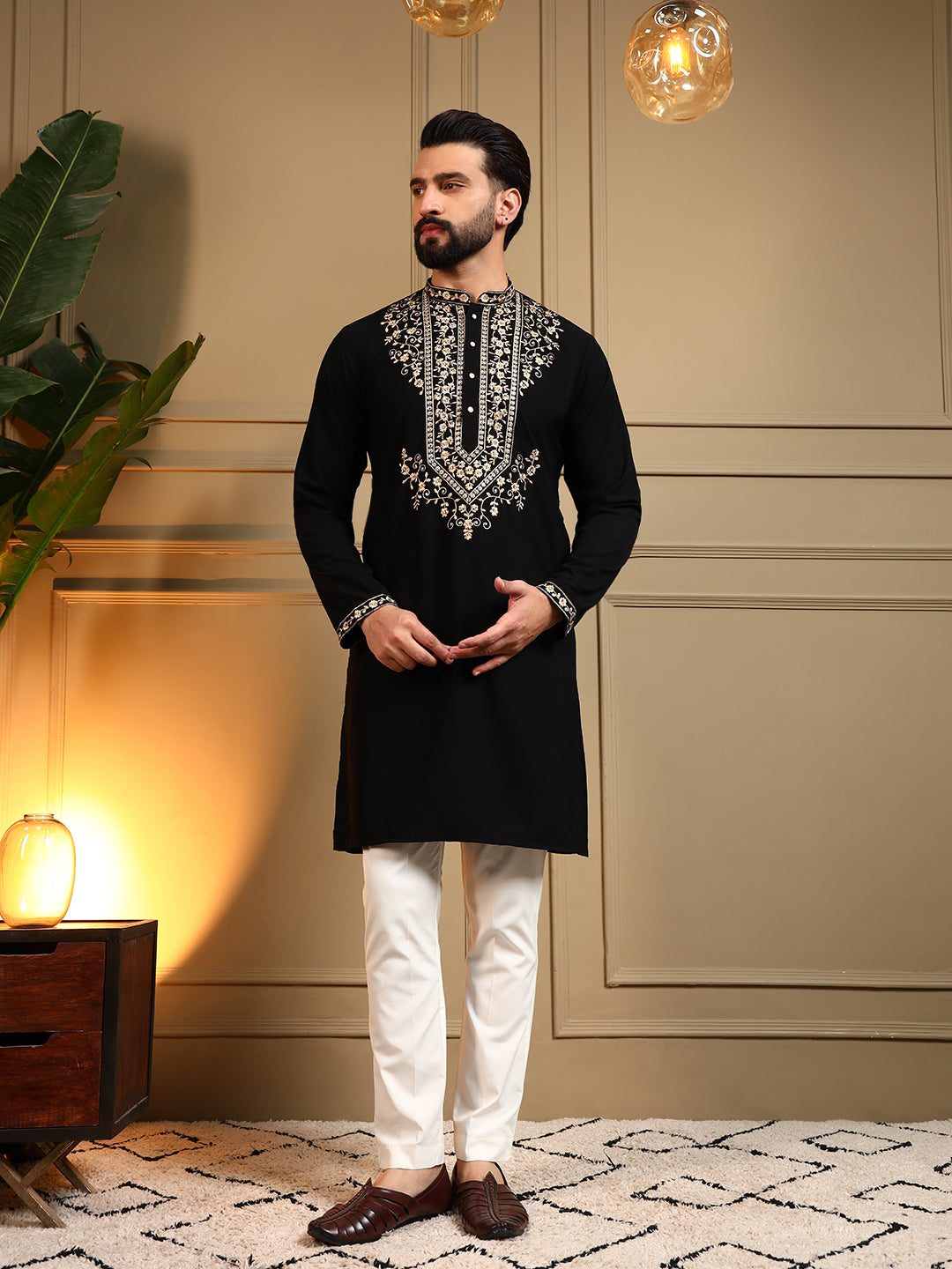 Jyoti Fashion Men's Black Armani Lachka Sequins Embroidered Kurta with Pajama | Grocsy