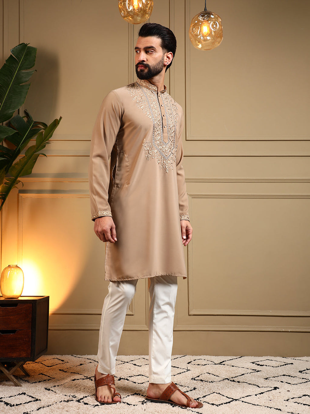 Jyoti Fashion Men's Beige Armani Lachka Sequins Embroidered Kurta with Pajama | Grocsy
