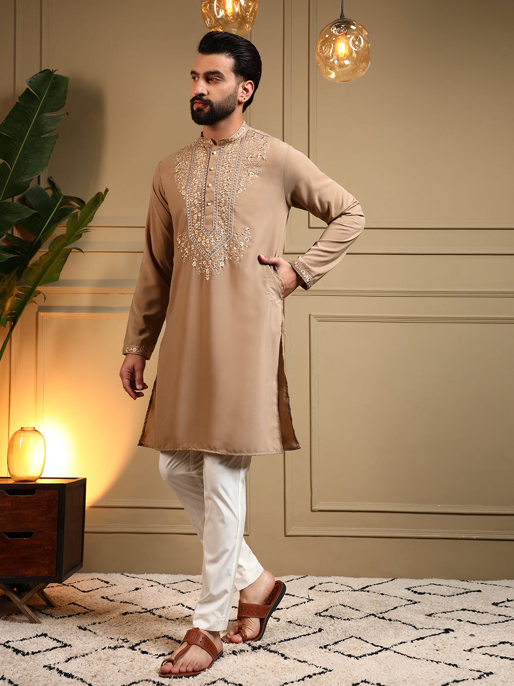 Jyoti Fashion Men's Beige Armani Lachka Sequins Embroidered Kurta with Pajama | Grocsy