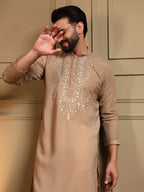 Jyoti Fashion Men's Beige Armani Lachka Sequins Embroidered Kurta with Pajama | Grocsy