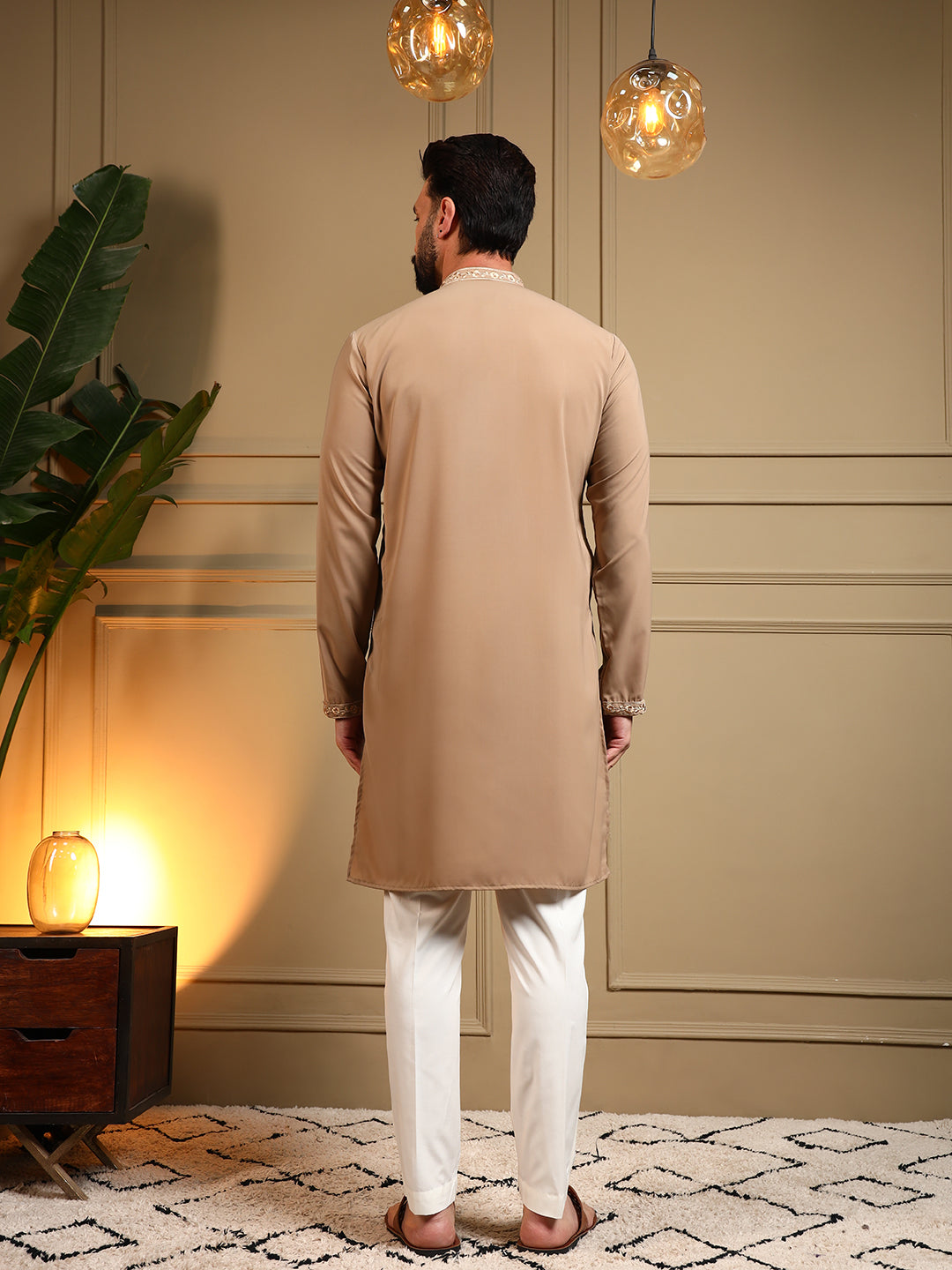 Jyoti Fashion Men's Beige Armani Lachka Sequins Embroidered Kurta with Pajama | Grocsy