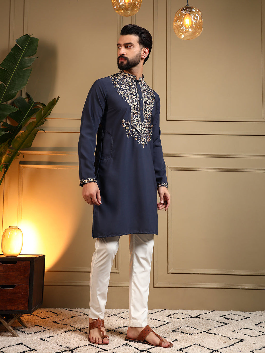 Jyoti Fashion Men's Navy Blue Armani Lachka Sequins Embroidered Kurta with Pajama | Grocsy