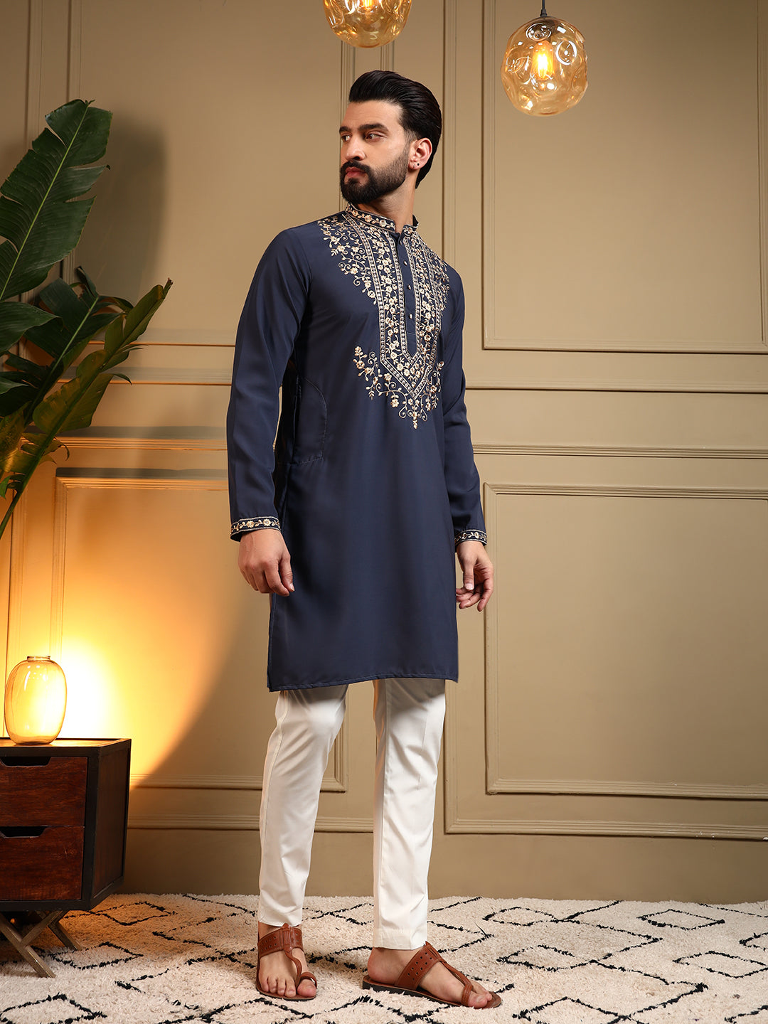 Jyoti Fashion Men's Navy Blue Armani Lachka Sequins Embroidered Kurta with Pajama | Grocsy